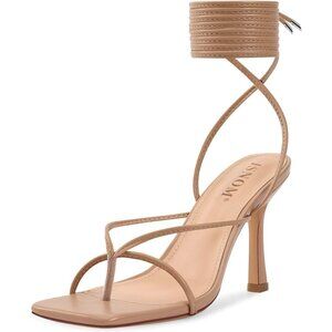 Women's Matte-Nude Lace Up Square Toe Open Thong Stylish Stiletto Heel Shoe